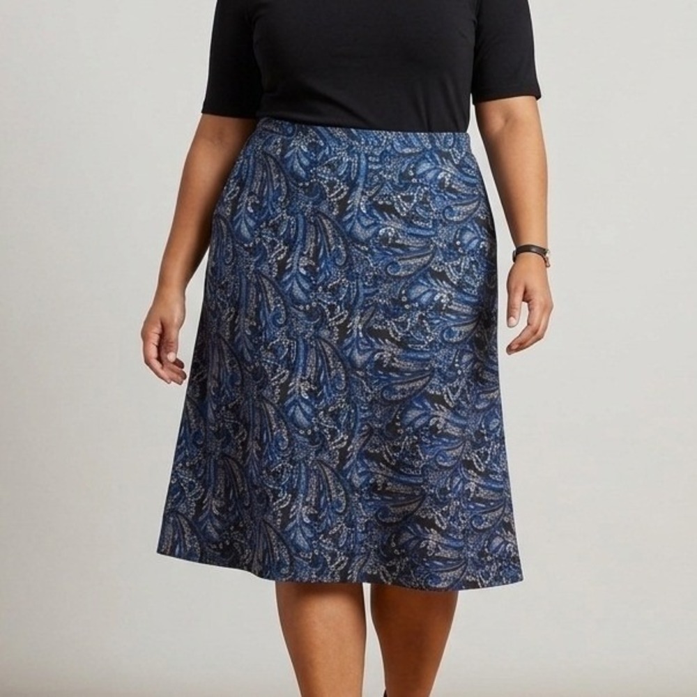 Lands' End Skirt Women 18W Blue Paisley A-Line Cotton Pockets Librariancore